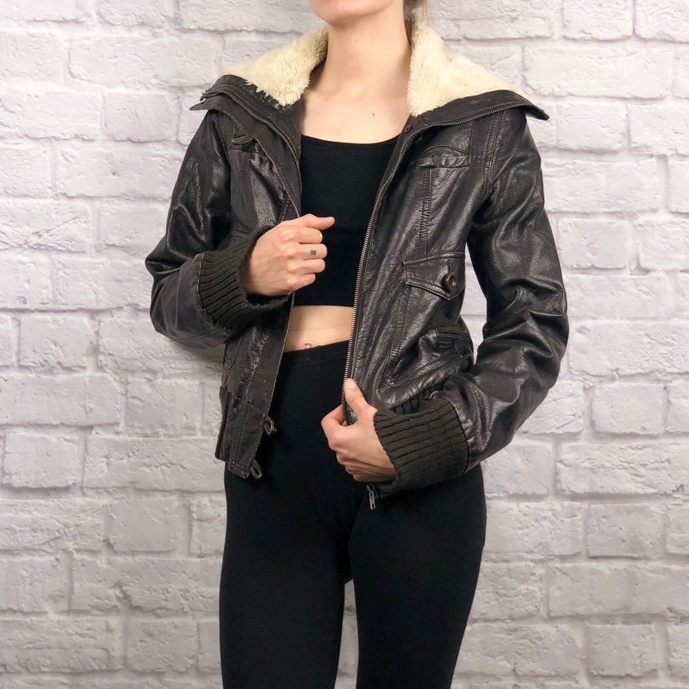 Pleather and faux fur faux Sherpa lined bomber